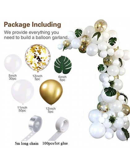 98 sztuk balon Garland łuk zestaw biały złote balony konfetti sztuczne liście palmowe urodziny dekoracja na przyjęcie ślubne