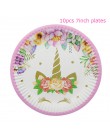 Jednorożec dekoracja urodzinowa obrus papierowe serwetki talerze stojak na babeczki Baby Shower jednorożec Decor akcesoria na im