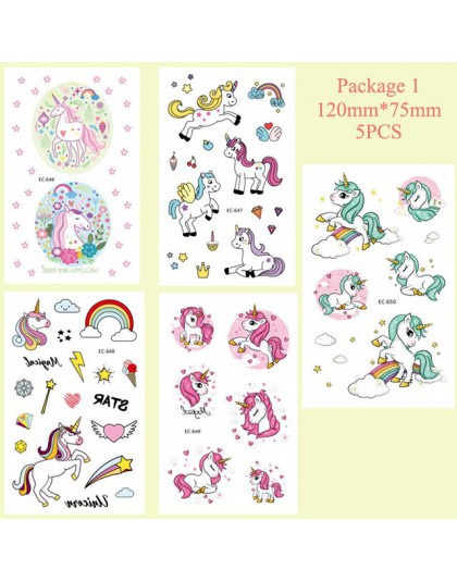 TAOUP 5pc jednorazowy tatuaż jednorożec naklejki z okazji urodzin jednorożec wystrój Baby Shower dziewczyna Unicornio Birthday P