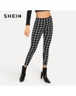 SHEIN czarny szeroki pas Plaid legginsy elegancki urząd Lady Skinny kobiety jesień odzież robocza Highstreet minimalistyczne leg