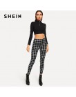 SHEIN czarny szeroki pas Plaid legginsy elegancki urząd Lady Skinny kobiety jesień odzież robocza Highstreet minimalistyczne leg