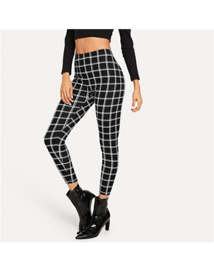 SHEIN czarny szeroki pas Plaid legginsy elegancki urząd Lady Skinny kobiety jesień odzież robocza Highstreet minimalistyczne leg