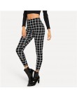 SHEIN czarny szeroki pas Plaid legginsy elegancki urząd Lady Skinny kobiety jesień odzież robocza Highstreet minimalistyczne leg
