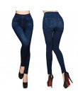 Modne dopasowane legginsy damskie Plus rozmiar Faux dżinsy legginsy długie kieszonkowe drukowanie letnie legginsy spodnie ołówko