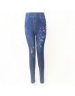 Modne dopasowane legginsy damskie Plus rozmiar Faux dżinsy legginsy długie kieszonkowe drukowanie letnie legginsy spodnie ołówko