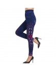 Modne dopasowane legginsy damskie Plus rozmiar Faux dżinsy legginsy długie kieszonkowe drukowanie letnie legginsy spodnie ołówko