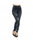 Modne dopasowane legginsy damskie Plus rozmiar Faux dżinsy legginsy długie kieszonkowe drukowanie letnie legginsy spodnie ołówko