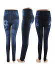 Modne dopasowane legginsy damskie Plus rozmiar Faux dżinsy legginsy długie kieszonkowe drukowanie letnie legginsy spodnie ołówko