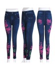 Modne dopasowane legginsy damskie Plus rozmiar Faux dżinsy legginsy długie kieszonkowe drukowanie letnie legginsy spodnie ołówko