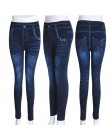 Modne dopasowane legginsy damskie Plus rozmiar Faux dżinsy legginsy długie kieszonkowe drukowanie letnie legginsy spodnie ołówko