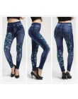 Modne dopasowane legginsy damskie Plus rozmiar Faux dżinsy legginsy długie kieszonkowe drukowanie letnie legginsy spodnie ołówko