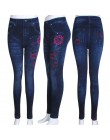 Modne dopasowane legginsy damskie Plus rozmiar Faux dżinsy legginsy długie kieszonkowe drukowanie letnie legginsy spodnie ołówko