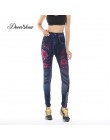 Modne dopasowane legginsy damskie Plus rozmiar Faux dżinsy legginsy długie kieszonkowe drukowanie letnie legginsy spodnie ołówko