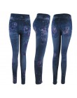 Modne dopasowane legginsy damskie Plus rozmiar Faux dżinsy legginsy długie kieszonkowe drukowanie letnie legginsy spodnie ołówko