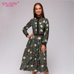 S. FLAVOR patchwork drukowanie kobiet sukienka trapezowa 2020 wiosna w stylu vintage vestidos dla kobiet dorywczo dół kobiet Mid