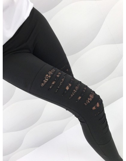 CHRLEISURE kobiety sexy legginsy Fitness trening legginsy push up kobiety wysokiej talii czarna siatka koronki Hollow legginsy