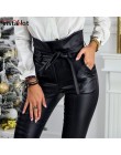 InstaHot złoty czarny pas wysokiej talii spodnie ołówkowe kobiety Faux Leather PU Sashes długie spodnie Casual Sexy ekskluzywny 