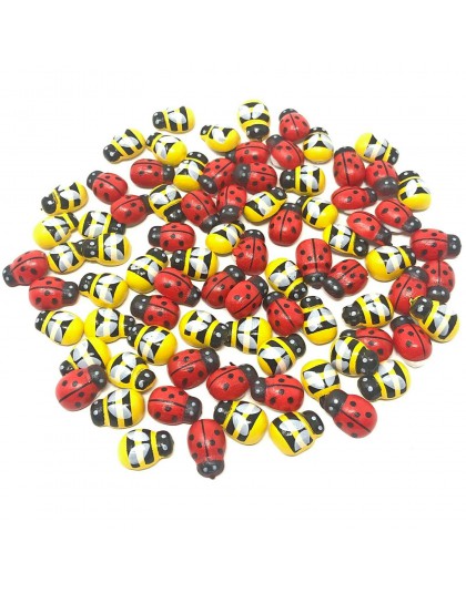 100 sztuk Mini 9x12mm mieszane żółte pszczoły i czerwone biedronki drewniany Card Wood Toppers samoprzylepne DIY wielkanoc rzemi