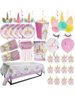 1 zestaw impreza jednorożec dostarcza różowa tęczowa opaska jednorożec Banner płyta balon serwetka Cupcake Wrapper Baby Shower d