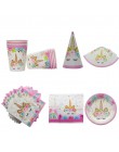 1 zestaw impreza jednorożec dostarcza różowa tęczowa opaska jednorożec Banner płyta balon serwetka Cupcake Wrapper Baby Shower d