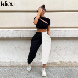 Kliou 2019 wysokiej talii czarny i biały patchwork sportowe spodnie harem jesień zima kobiety luźne dorywczo sportowe streetwear