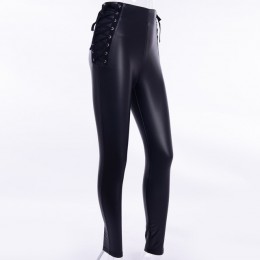 InstaHot Side Lace Up tylny suwak ołówkowe spodnie damskie Sexy polarowe legginsy z wysokim stanem elastyczne jesienne zimowe PU