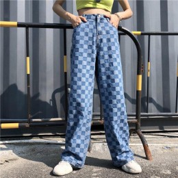 Harajuku Unisex spodnie wzór w kratkę luźne długie kobiety mężczyźni spodnie znosić modne niebieskie spodnie jeansowe Cargo Stre