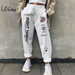 Weekeep dzianiny wysokiej talii drukowane spodnie dresowe do kostek damskie białe Streetwear spodnie damskie jesienne zimowe mod