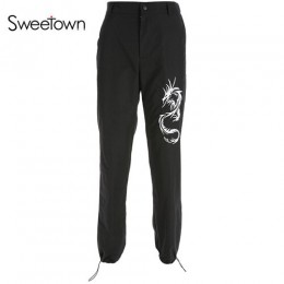 Sweetown w stylu chińskim haft smoka Cargo spodnie damskie czarne wysokiej talii spodnie z kieszenią Streetwear damskie spodnie 