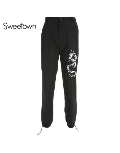 Sweetown w stylu chińskim haft smoka Cargo spodnie damskie czarne wysokiej talii spodnie z kieszenią Streetwear damskie spodnie 