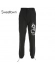 Sweetown w stylu chińskim haft smoka Cargo spodnie damskie czarne wysokiej talii spodnie z kieszenią Streetwear damskie spodnie 