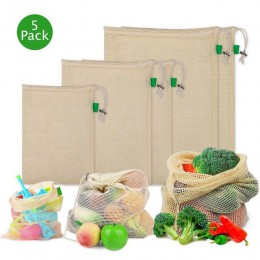 5 sztuk/zestaw siatki bawełniane torby z siatki wielokrotnego użytku zmywalny torba na zakupy z sznurkiem do ściągania kuchenny 