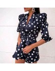 Chic kobiet Polka Dot drukuj moda Za czarny przebrania 2019 lato w stylu Vintage z długim rękawem wysokiej talii z paskiem krótk