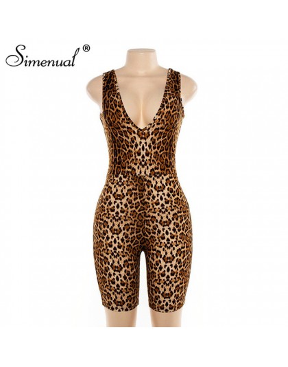 Simenual Leopard V Neck Fitness Biker Playsuits bez rękawów Sexy moda pajacyki damskie kombinezony Skinny lato Slim Playsuit Hot