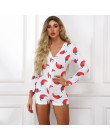 Nowatorski styl Chili drukowane krótkie kombinezony jednoczęściowe z długim rękawem Casual V-neck Bodycon Romper Slim Stretch Se