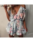 Styl boho Playsuit kwiatowy Print seksowne rampersy krótkie ogrodniczki Top Macacao Feminino kobiety ubrania w stylu casual, let