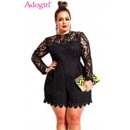 Adogirl Plus rozmiar L-6XL kobiety koronkowe Romper pusty jednolity Out kombinezony z długim rękawem seksowne szorty Playsuit pa