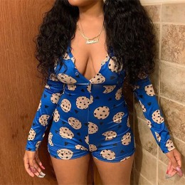 OMSJ kobiety Cartoon wydrukowano z długim rękawem Plunge V-neck sen Bodycon Romper Slim Fit Stretch Sexy lato Slim Fit płaszcza 