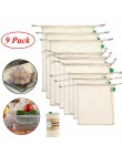 9 szt. Zestaw Premium Organic Cotton Mesh torby z siatki wielokrotnego użytku zmywalna torba ze sznurkiem do przechowywania na z