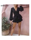 SINRGAN solidny głęboki dekolt w szpic bw tie slim eleganckie kombinezony rękaw damski poszerzany typu lantern wiosenne letnie s