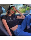 Nibber czarne litery Rhinestone bawełniane t-shirty damskie letnie przycięta, z gołym pępkiem Streetwear modny top Tee Slim Fit 