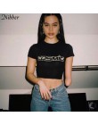 Nibber czarne litery Rhinestone bawełniane t-shirty damskie letnie przycięta, z gołym pępkiem Streetwear modny top Tee Slim Fit 