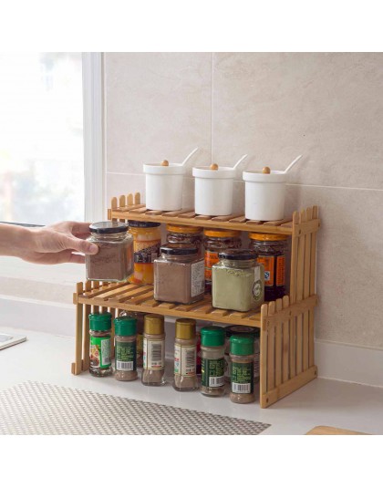 2 warstwy Bamboo Storage Rack przyprawa kuchenna Jar Bottle stojak na przyprawy dekoracja organizator półka na blat stojaki
