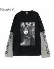 NiceMix koszulka Harajuku kobiety fałszywe 2 sztuk druku japoński Fujiang Horror komiks koszula z długim rękawem kobiety Vetemen