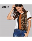 SHEIN color block wytnij i szyć Leopard góry panelu z krótkim rękawem O-Neck Casual T koszula kobiety 2019 lato rozrywka panie T