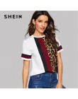 SHEIN color block wytnij i szyć Leopard góry panelu z krótkim rękawem O-Neck Casual T koszula kobiety 2019 lato rozrywka panie T