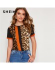 SHEIN color block wytnij i szyć Leopard góry panelu z krótkim rękawem O-Neck Casual T koszula kobiety 2019 lato rozrywka panie T