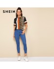 SHEIN color block wytnij i szyć Leopard góry panelu z krótkim rękawem O-Neck Casual T koszula kobiety 2019 lato rozrywka panie T