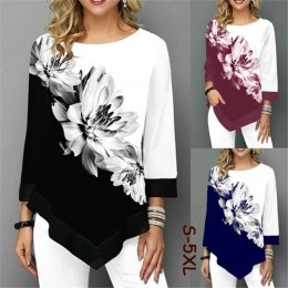 S-5XL T koszula kobiety Plus rozmiar trzy czwarte panie koszulki kwiatowy Print luźne Casual topy kobiet nieregularne jesienne u