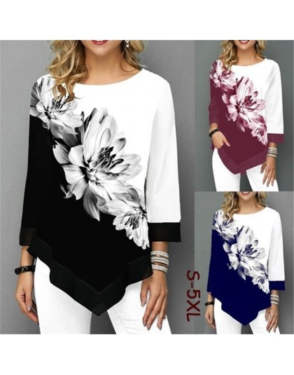 S-5XL T koszula kobiety Plus rozmiar trzy czwarte panie koszulki kwiatowy Print luźne Casual topy kobiet nieregularne jesienne u